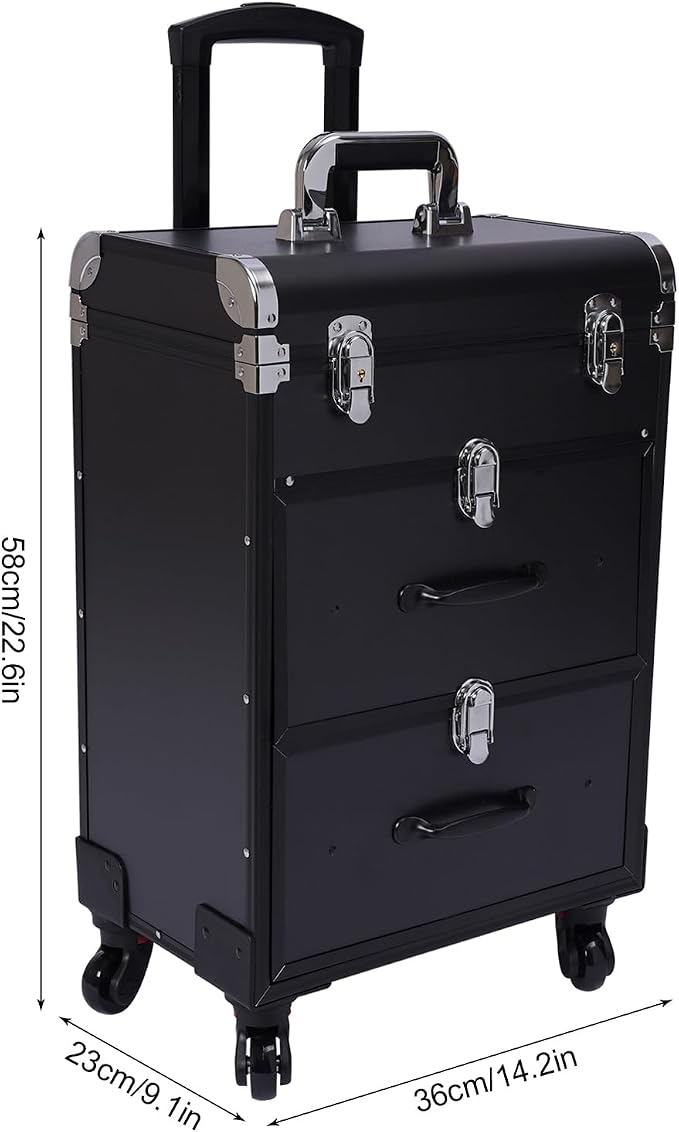 Rolling Makeup Case Cosmetic Train Cases Large Cosmetic Trolley with Locks Cosmetic Storage Organizer Travel Case Salon Barber Case for Makeup Artist Tattooist Nail Tech Hairstylists (Type D, Black) - Image 2