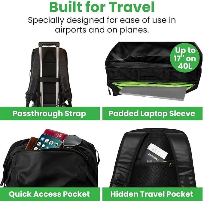 COR Surf Island Hopper Travel Backpack, 40L Black, Personal Item Carry On | Carry On Backpack for Men & Women, Clamshell Opening, Hidden Passport Pockets, Water Resistant, Laptop Sleeve, YKK - Image 2