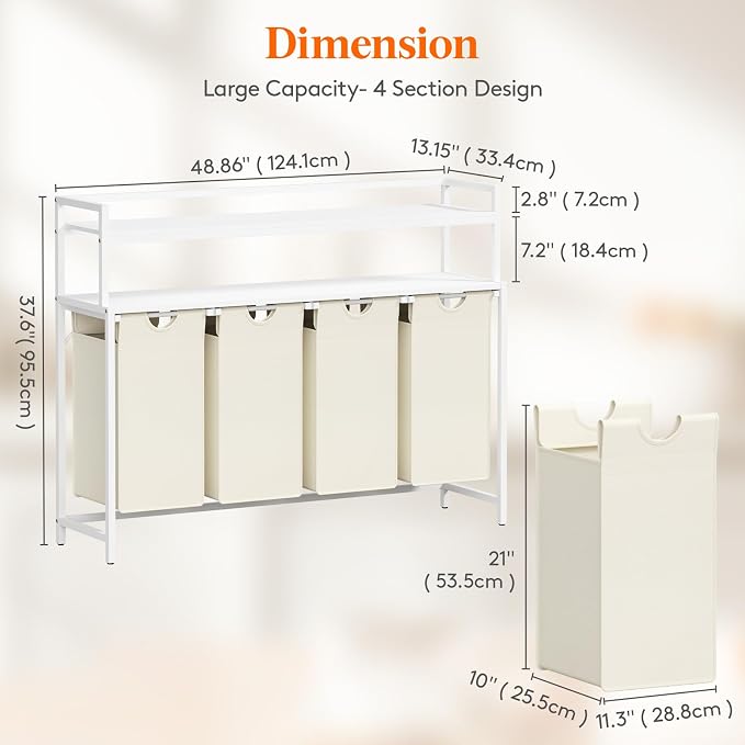 Lifewit Laundry Hamper 4 Section, 168L Pull out Laundry Clothes Basket Organizer with Large Top Shelf and 4 Removable Bags and Handles for Laundry Room Bedroom Bathroom, White with Shelves - Image 3