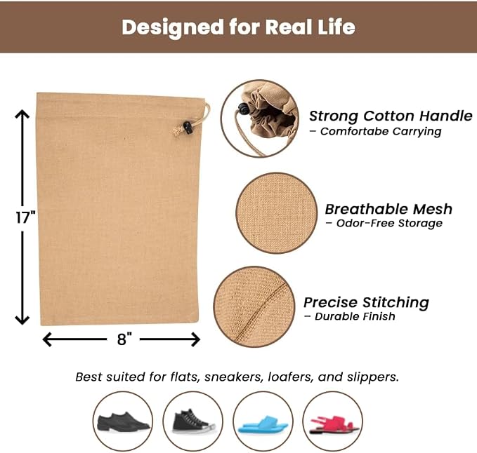 LFH Cotton Rich Shoe Storage Bags with Drawstring, Dustproof Breathable Reusable Organizer, Perfect For Travel, Dorm, Hotel, College, Gym, Easy to Carry, Machine Washable 8"x17" (Pack of 4) - Beige - Image 4