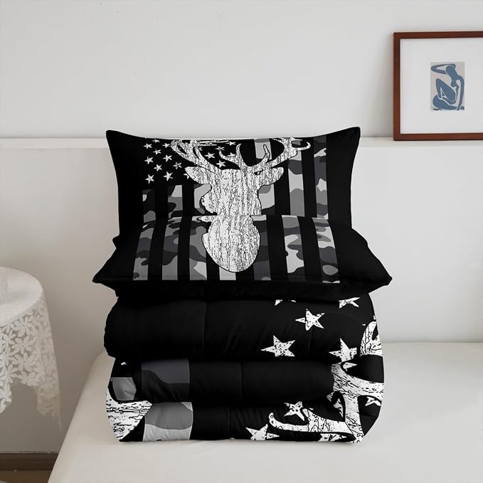 American Flag Bedding Set Deer Camo Comforter Set King for Kids Boys Teen Man,Western Rustic Black Grey Military Camouflage Bedding Comforters Hunting Deer Antlers Quilt Duvet for All Season 3 Pcs - Image 7