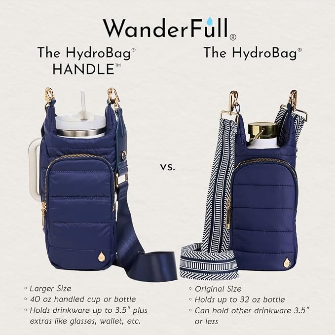 WanderFull Original HydroBag Handle®, Zipper for Handle, 40 oz Water Bottle Holder w/Strap, Crossbody Carrier Bag w/Phone Pocket, Tumbler Accessories - Navy Matte w/Vegan Leather Trimmed Strap - Image 4