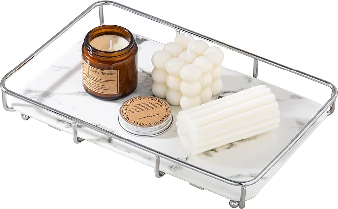 Dobbyby Vanity Tray Makeup Organizer Cosmetics Storage Bathroom Skincare Organizer Countertop Display Rack in Dresser Stainless Steel Shelf Marble Print Ceramic Trays - Image 5