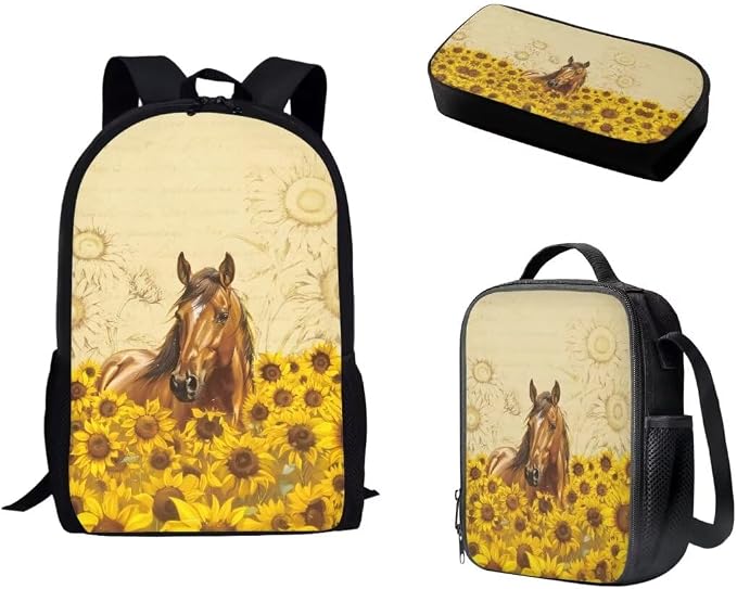 Mumeson Horse Sunflower Print 17" Backpack Kids School Travel Backpacks Satchel Casual Rucksack Daypack for Girls Boys Casual Rucksack Backpack with Lunch Bag Messenger Tote Bag Pencil Bag 3 Pieces by Mumeson