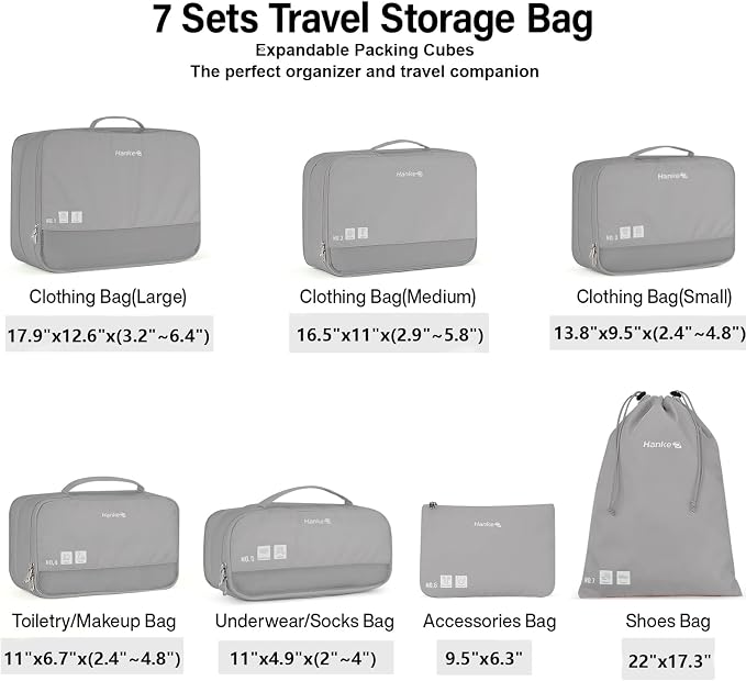 Hanke 7 Piece Expandable Compression Packing Cubes, Premium Travel Packing Organizers for Suitcases/Carry On, Luggage Organizer Bags with Breathable Mesh & Label - Image 2