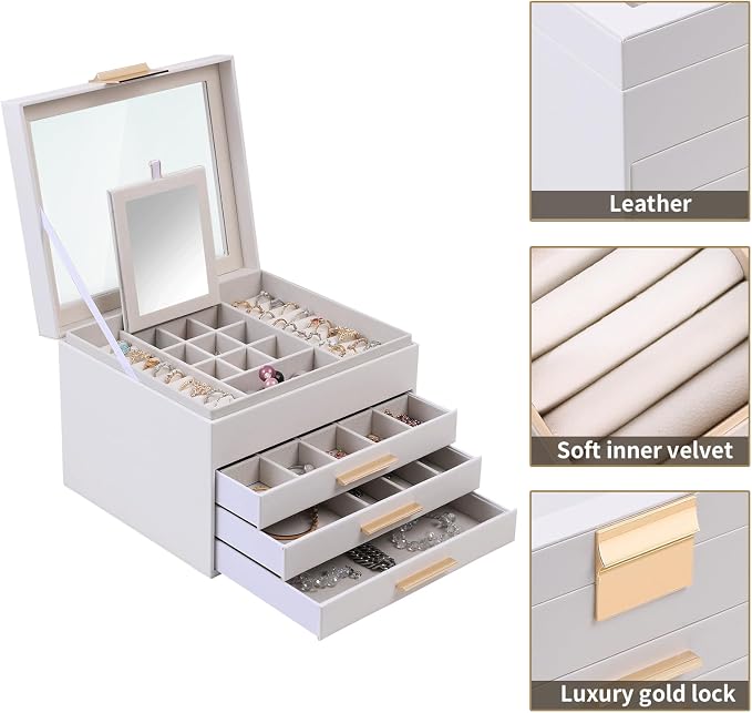 BOOVO Clear Lid Jewelry Box,3 Layers Jewelry Organizer Large Jewelry Storage Box with 2 Drawers,Jewelry Holder Organzier of Rings Earrings Necklace Bracelets for Women (White, 4 Layer) - Image 2