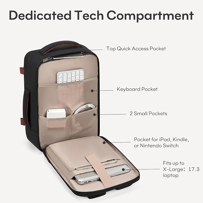 mibasies 40L Travel Backpack for Women & Men: Flight Approved Carry On Backpack, TSA Personal Item Bag with Water Bottle Pocket, Weekender Essentials Backpacks fits 17" Laptop - Black White Brown - Image 4