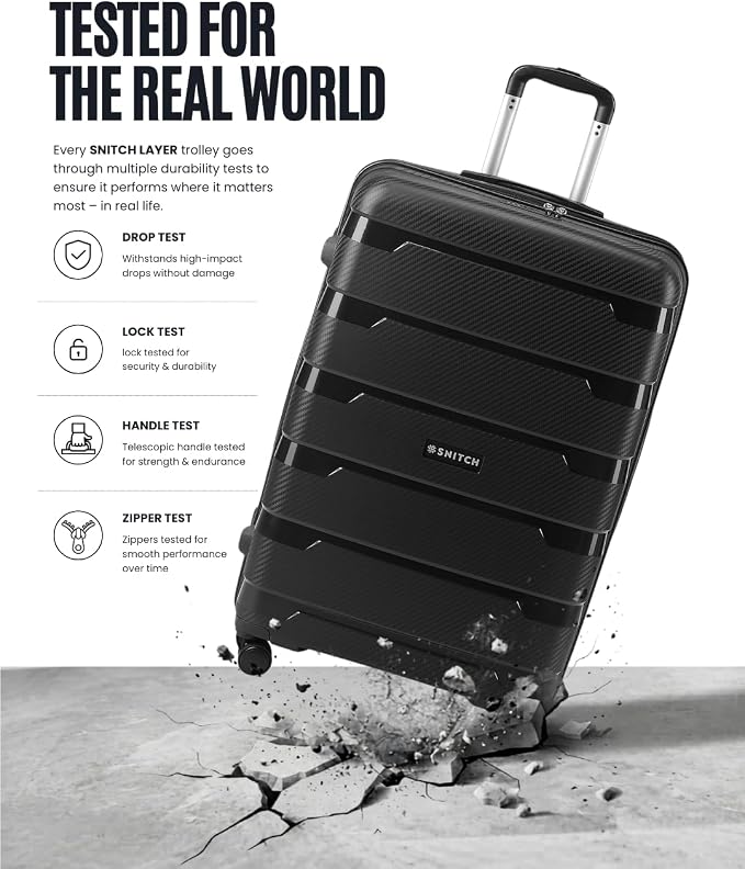 SNITCH Hard Plastic Polypropylene Travel Suitcase Small Luggage with 8 Wheels Premium Lock Wet Dry Bag and Shoe Bag Black, black, 2Pc Set, Feather-light & robust built: High-strength - Image 2