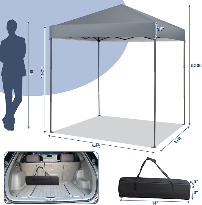 6.6 x 6.6 Ft Pop Up Canopy, 1 Person Instant Setup Canopy Tent with Push Center Lock, 8 Stakes, 4 Ropes & Carrying Bag, Portable Easy Up Gazebo Shelter for Outdoor Camp, Beach, Patio & Party - Image 7