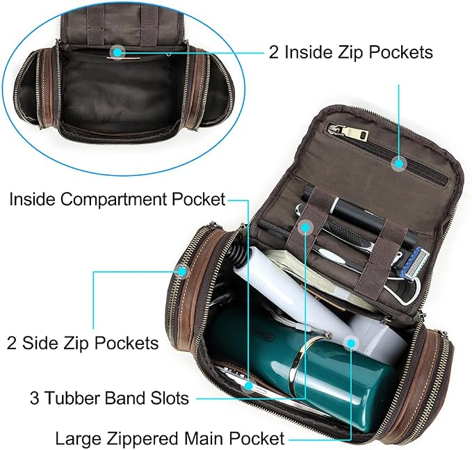 CONTACTS Crazy Horse Leather Toiletry Bag for Men Travel Bathroom Shaving Dopp Kit Toiletries Organizer Vintage Brown Cosmetic Bag Handbag - Image 4