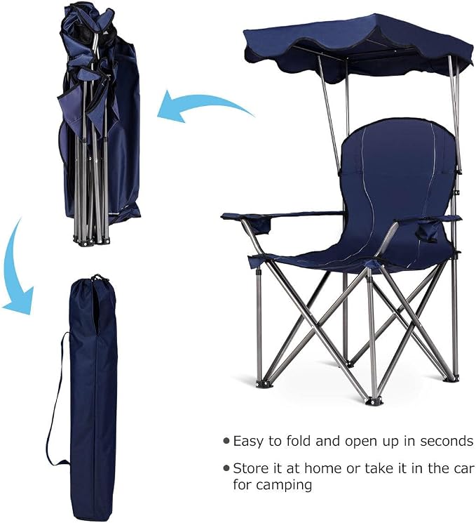COSTWAY Portable Camping Chair with Canopy, Outdoor Lawn Chair with Shade, Carry Bag, Cup Holder, for Travel, Picnic, Beach (Blue) - Image 7
