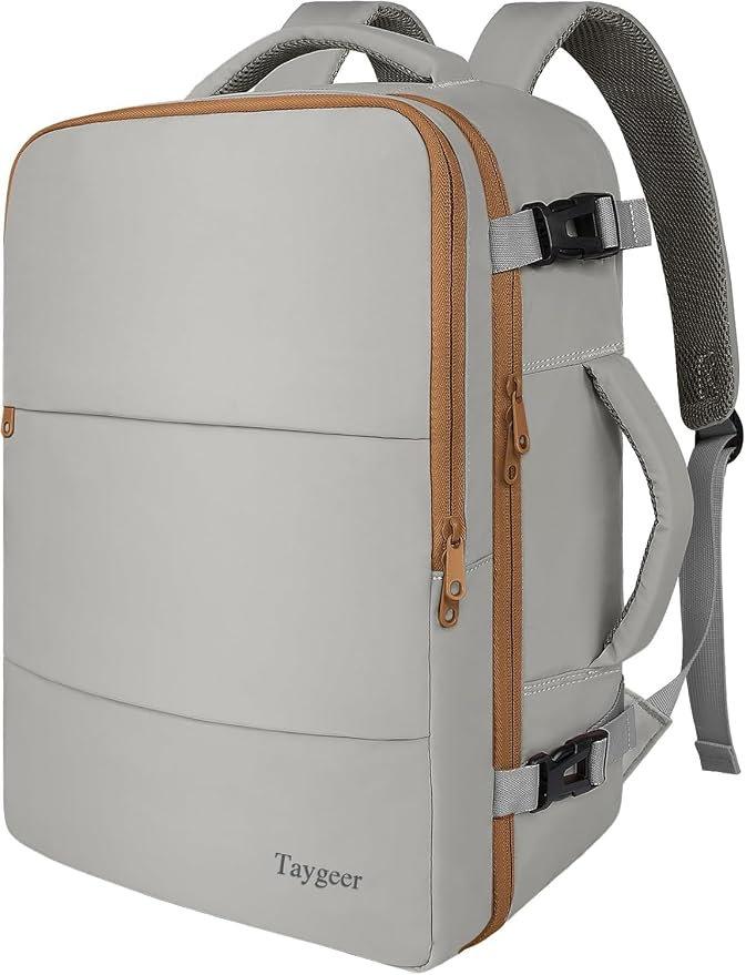 Taygeer 35L Carry On Travel Backpack for Women, Fits 15.6 Inch Laptop | Personal Item Backpack with Water Bottle Pocket, Large Weekender Bag for Women Men Hiking Gift, Dark Brown Khaki by Taygeer