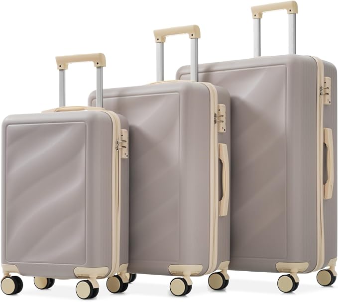 Hardside Luggage Sets, Lightweight Stripes Suitcase with Spinner Wheels, Grayish by Merax