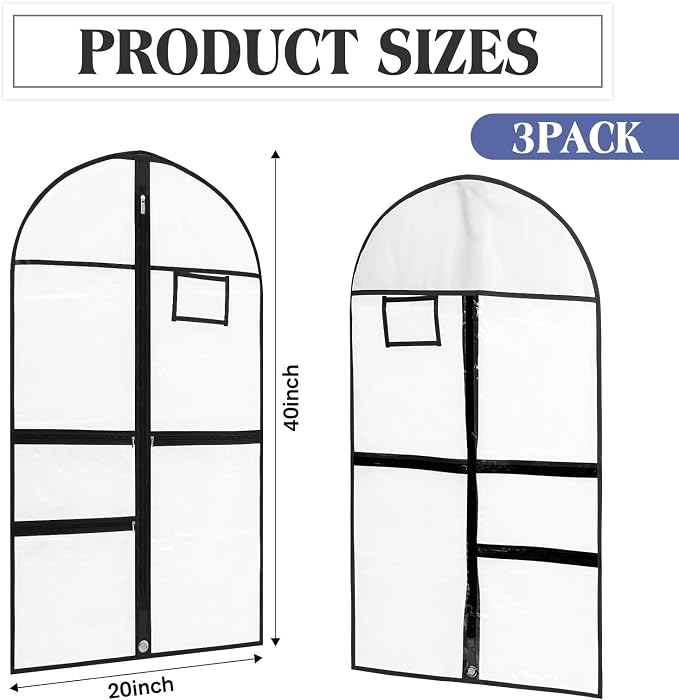 FoldTier 3 Pcs Dance Costume Garment Bag for Dancers 40 Inch Black Edge Clear PVC Waterproof Garment Bag with 3 Zipper Pockets for Dancers Competitions Hanging Clothes - Image 2