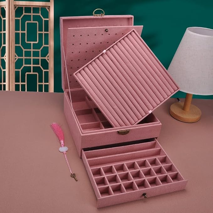 Jewelry Organizer 5 Layers Velvet Square Jewelry Box Women Necklace Ear studs Display Bangles Large Jewelry Storage Case Drawer GY306 (Pink) - Image 3