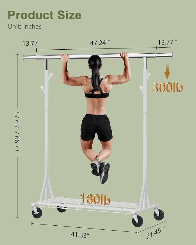Hoctieon 1-Minute Assembly Clothes Rack, 480 lbs Heavy Duty Rolling Clothing Racks with Wheels, Foldable Garment Rack, Extendable Hanging Bar, Adjustable Metal Pole with Hooks, White - Image 8