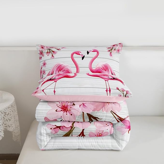 Erosebridal Flamingo Bedding Set King,Cherry Blossoms Comforter Set for Girls Boys Teens Women,Pink Tropical Bird Animal Comforter Flower Rustic Wooden Board Quilt Duvet Sets with 2 Pillow Cases - Image 7