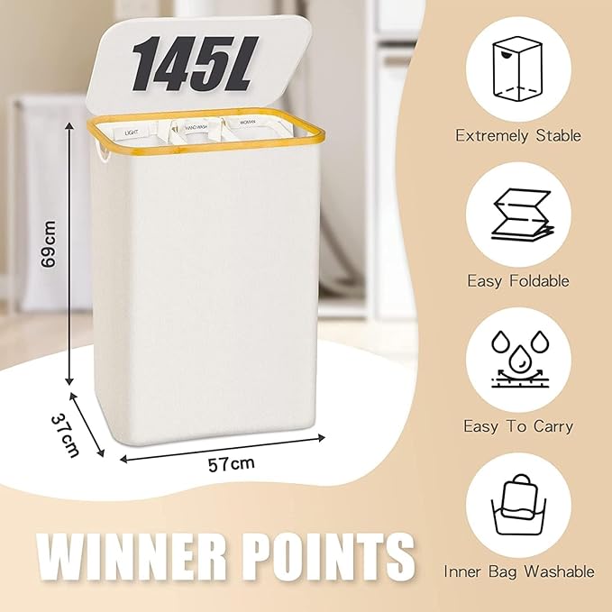 Hampers for Laundry Basket with Lid, 145L Large Laundry Hamper 3 Section | Dirty Clothes Hamper Separator with 3 Removable Bags & 5 Labels, Divided Laundry Organizer for Bedroom, Laundry Room, Beige - Image 4