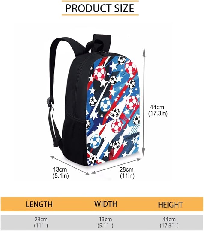 Patriotic Soccer Star Print Reusable School Bookbag Set for Teenage Girls, 4th of July Backpack Set with Insulated Lunch Shoulder Box and Pencil Case, Children's Knapasck Set, Blue - Image 2
