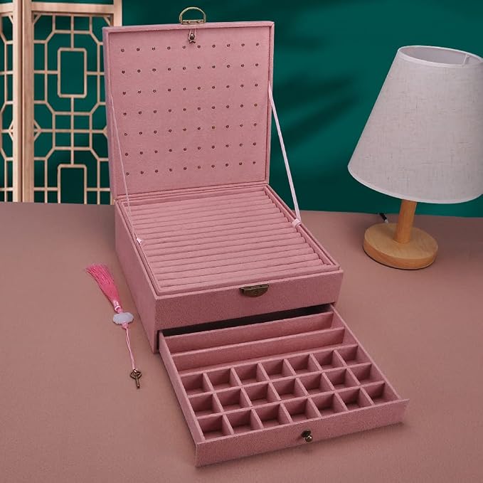 Jewelry Organizer 5 Layers Velvet Square Jewelry Box Women Necklace Ear studs Display Bangles Large Jewelry Storage Case Drawer GY306 (Pink) - Image 6