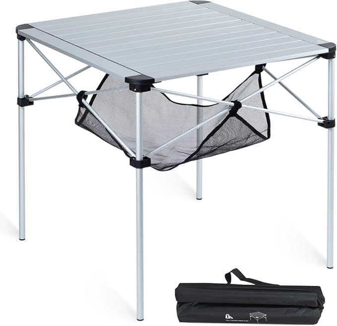 iClimb Lightweight Stable Alu. Folding Square Table Roll Up Top with Carry Bag for Camping Picnic Backyards BBQ Camp Kitchen (Silver, L) by iClimb