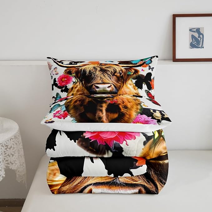Erosebridal Highland Cattle Comforter Set Queen Size, Kids Cow Bull Cattle Bedding Set Butterfly Flower Down Comforter for Boys Girls Teens Western Cowboy Farm Animal Duvet Sets Bedroom Decor - Image 5
