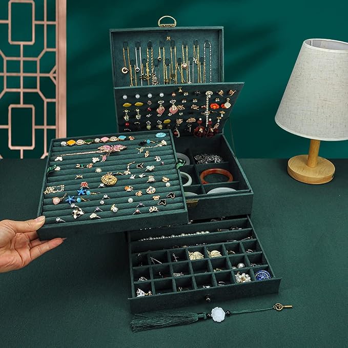 Jewelry Organizer 5 Layers Velvet Square Jewelry Box Women Necklace Ear studs Display Bangles Large Jewelry Storage Case Drawer GY306 (Green) - Image 3