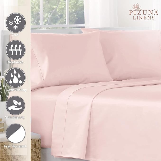 Pizuna Pure 100% Cotton Flat Sheets Only King Light Pink (1 PC), Luxurious 400 Thread Count Long Staple Cotton Sateen with 4inch Hem (Combed King Flat Sheet Only Cotton) - Image 2