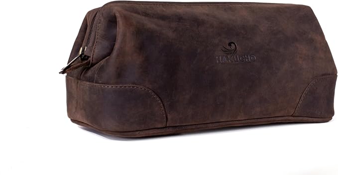 Leather Toiletry Bag, Grooming Travel Pouch, Shaving Kit Toiletries, Makeup Kit Organizer with Waterproof Lining, Handcrafted Vintage leather, best gift for Men & Women (DARK BROWN) by HAKUCHO