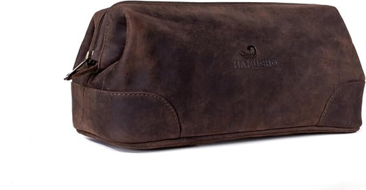 Leather Toiletry Bag, Grooming Travel Pouch, Shaving Kit Toiletries, Makeup Kit Organizer with Waterproof Lining, Handcrafted Vintage leather, best gift for Men & Women (DARK BROWN) by HAKUCHO