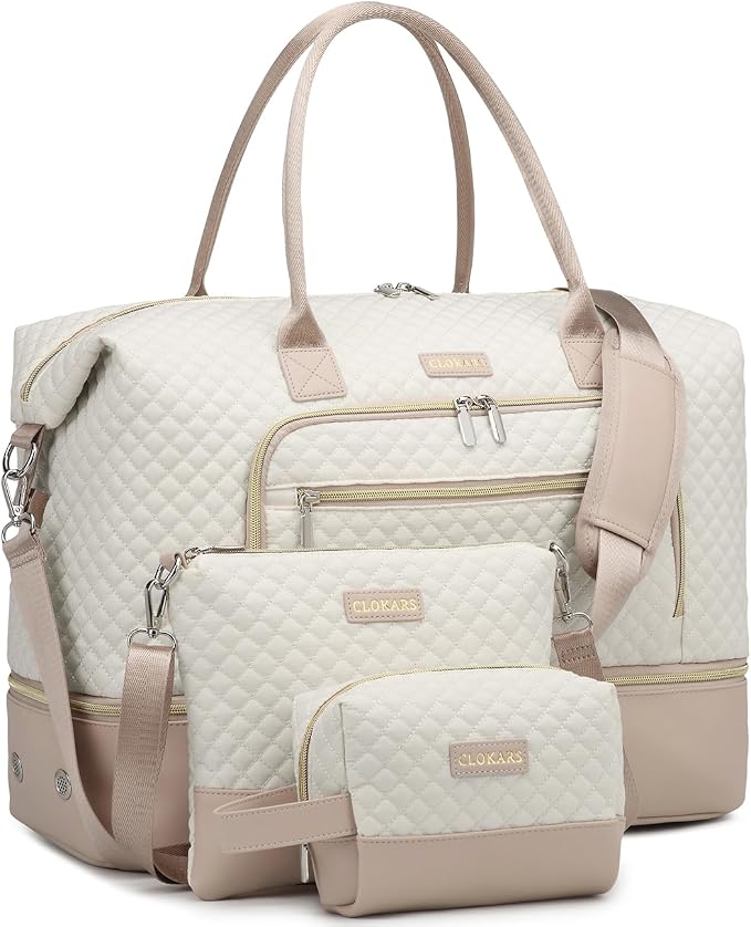 Weekender Bags for Women, Travel Duffle Bag Carry On Overnight Bag with Cosmetics Bag and Crossbody Purse for Gym Hospital, Gifts for Women, Beige Pink by Unknown