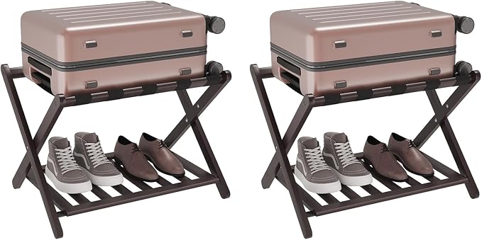 Smuxee Fully Assembled Brown Luggage Racks Pack of 2, Upgraded Bamboo Foldable Suitcase Stand with 5 Nylon Straps, Luggage Holder with Shelf for Guest Room Bedroom Hotel - Image 8