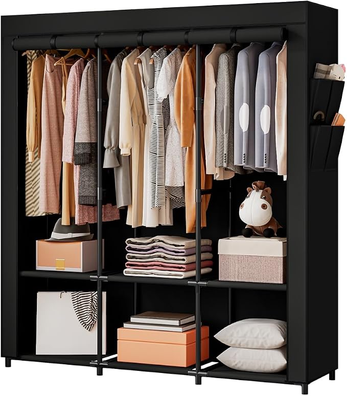 SORCEDAS Portable Closet Wardrobe Storage Organizer Metal Hanging Rack Non-Woven Fabric 50 Inch (Black) by SpecialYourHome