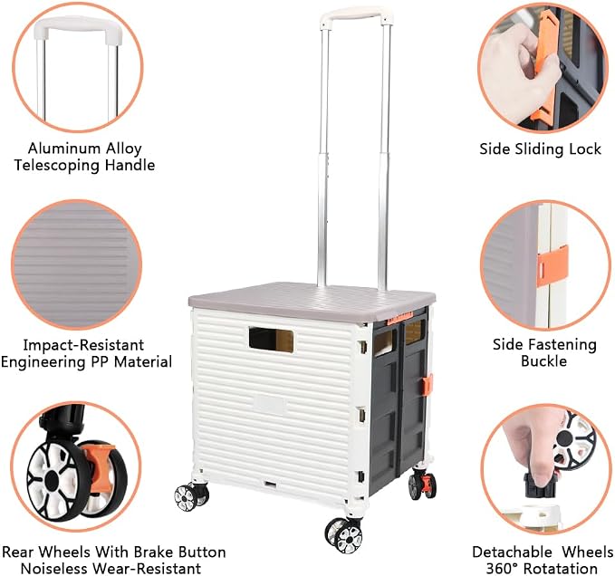 FELICON SELORSS Foldable Utility Cart Folding Portable Rolling Crate-White | Durable,Heavy Duty,Plastic Box,Telescoping Handle,4 Rotate Wheels,Collapsible Handcart for Travel Shop Move Luggage Office - Image 2