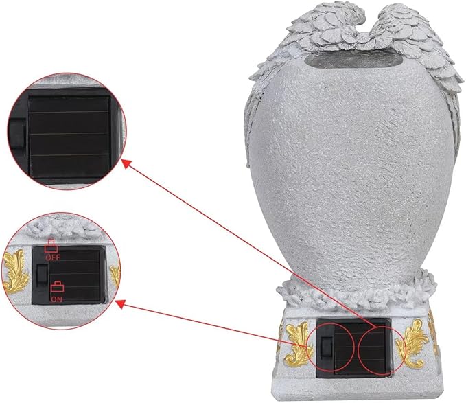 Angel Garden Statue Outdoor Decor, Cemetery Vase with LED, Family Garden Memorial Statue, Crying Angel (White) with Solar Lights