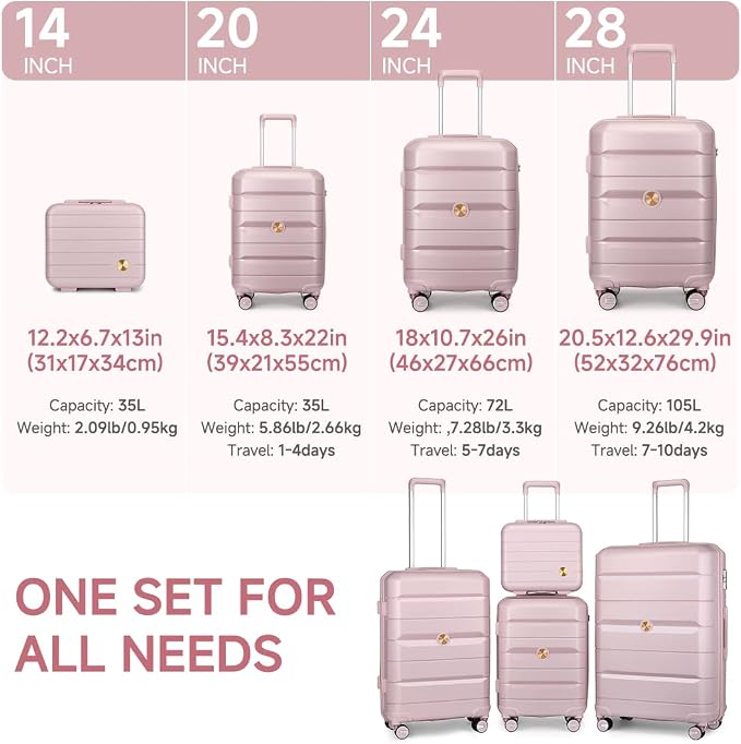 Somago Luggage Sets 4 Piece Lightweight Hardside Polypropylene Travel Suitcases with Double Spinner Wheels and TSA Lock,Nude Pink - Image 2