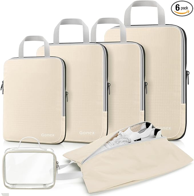 Gonex Compression Packing Cubes, 6pcs Expandable Storage Travel Luggage Bags Organizers with Shoe Bag, Clear Toiletry Bag (Cream) by Gonex