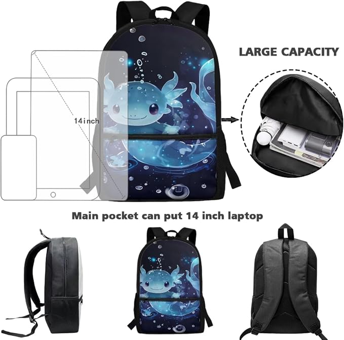 Axolotl Backpack with Lunchbox and Pencil Case Water Bottle Holder Cute School Backpack for Girls 6-8 Lunch Box, Large Capacity 17 Inch First Grade Bookbag Lunchbag, 4-in-1 - Image 4