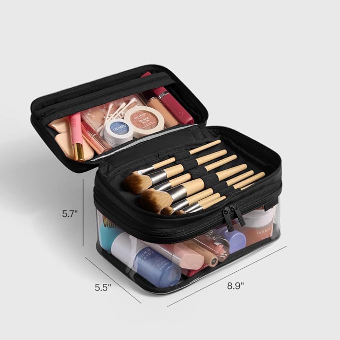 Away Clear Cosmetic Case - Water-Repellent Transparent Cosmetic Bag with 2 Compartments, Brush Holder, Interior Zip Pocket - Jet Black - Image 2