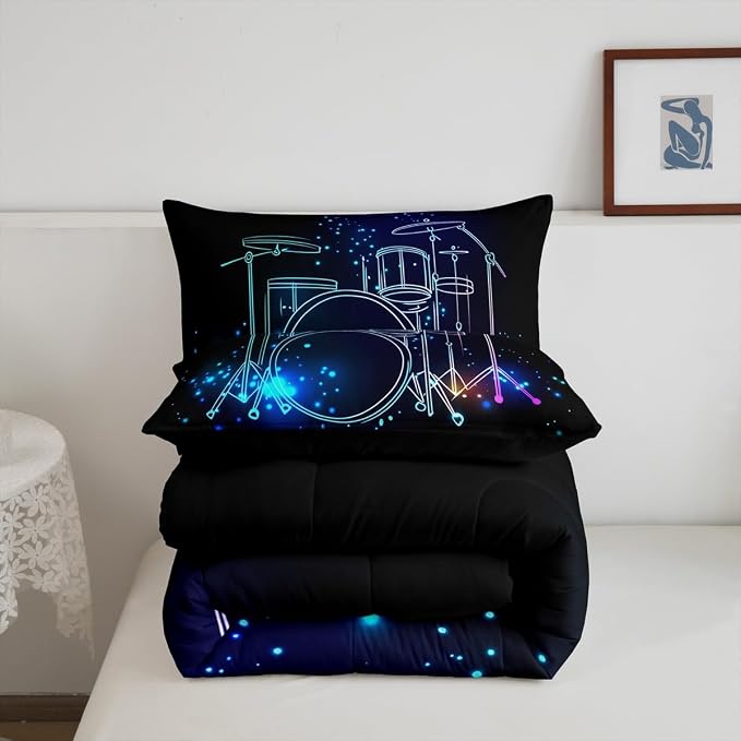 Erosebridal Teens Drum Kit Comforter Set, Kids Boys Hip Hop Bedding Set, Rock Music Theme Quilted Duvet Grunge Style Lightweight Down Comforter for Youth Teenage Bedroom Decor, Blue Bedclothes, Queen - Image 5