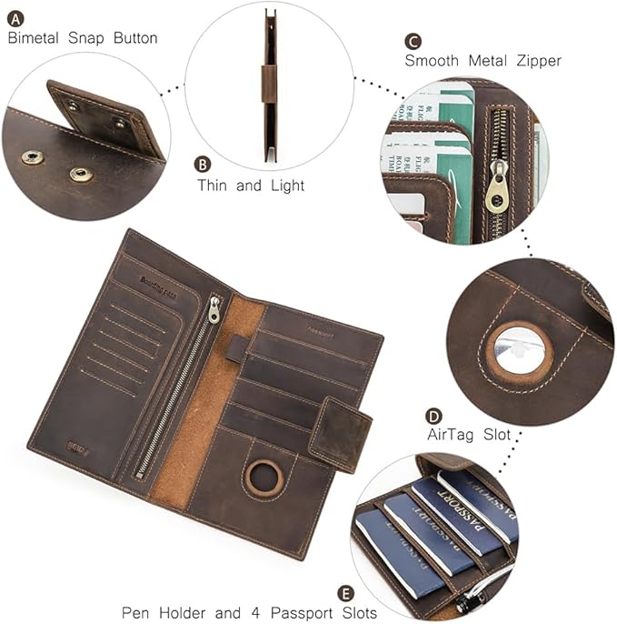 CONTACTS RFID Blocking Family Passport Holder for 4 Full Grain Leather Passport Wallet Compatible with Airtag Travel Passport Cover with 4 Passport Slot, 6 Card Slot (Brown) - Image 5