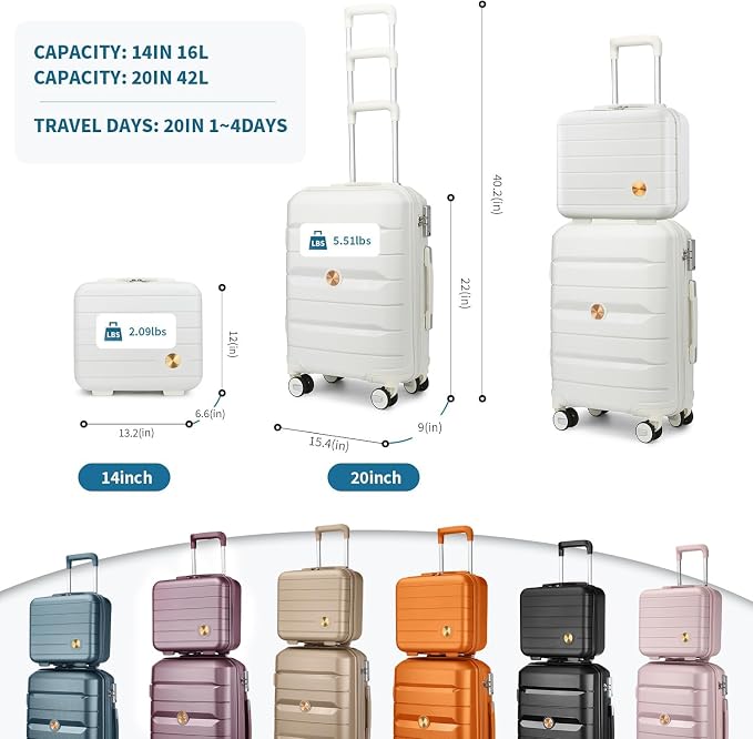Somago 20" Carry On Luggage and 14" Mini Cosmetic Cases Travel Set Lightweight Polypropylene Suitcase with TSA Lock YKK Zipper Hardside Luggage with Spinner Wheels (2 Piece Set, Creamy White) - Image 7