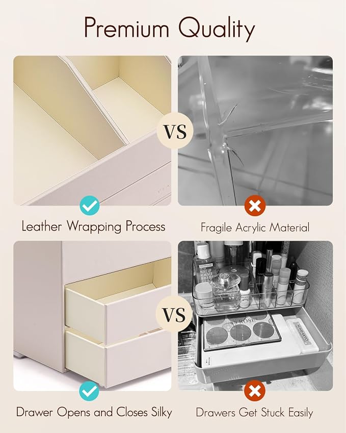 VLANDO Makeup Organizer,Skincare Organizer for Vanity，PU Leather Make up Organizer with Drawers Cosmetic Display Case for Countertop,Perfume,Gifts Ideas for Women (Apricot White) - Image 5
