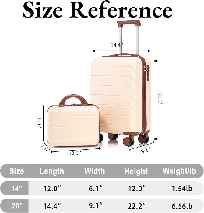 2-Piece ABS Hard Shell Lightweight Carry-On Luggage Set (14" & 20"), 360-Degree Spinner Wheels, Adjustable Telescopic Handle and Combination Lock for Travel, Beige - Image 6