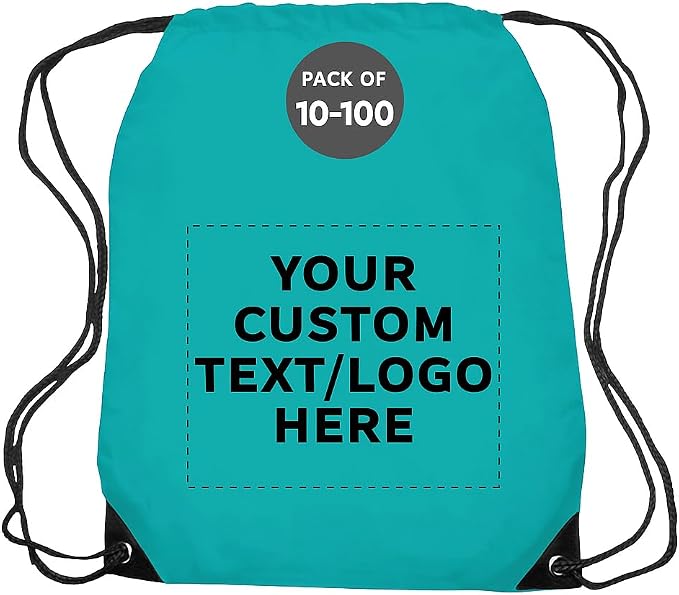 DISCOUNT PROMOS Custom Black Trim Drawstring Backpacks Set of 10/50/100, Personalized Bulk Pack - Gym Bag, Soccer Shoes, Water Resistant - Aqua by DISCOUNTPROMOS
