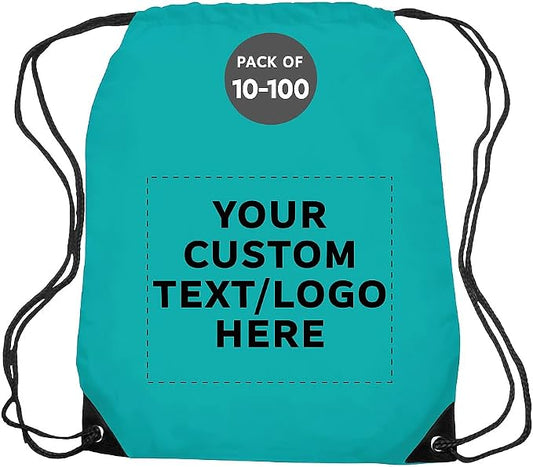 DISCOUNT PROMOS Custom Black Trim Drawstring Backpacks Set of 10/50/100, Personalized Bulk Pack - Gym Bag, Soccer Shoes, Water Resistant - Aqua by DISCOUNTPROMOS