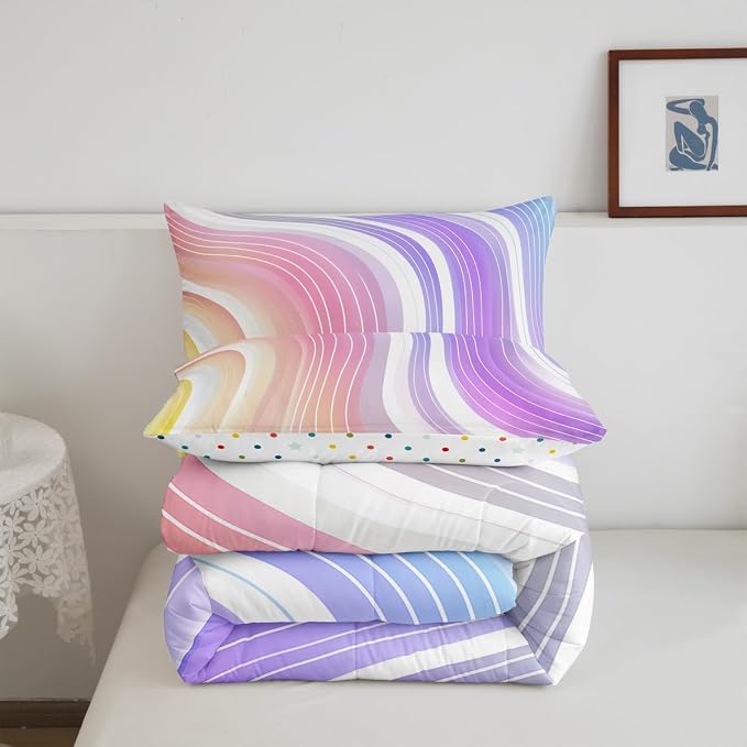 Erosebridal Kids Rainbow Comforter Set Watercolor Fluid Print Duvet Sets Queen Size, Girls Rainbow Stripe Bright Bedding Set Pink Blue Pastel Bedding Comforters 3 Pieces with 2 Pillow Cases - Image 6