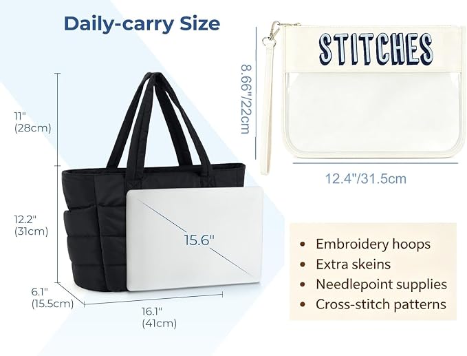 Needlepoint Tote Bag with Clear Zipper Pouch — Puffy Craft Organizer-Black/Beige | Lightweight puffy taslan tote, 20L | NDLPT Project Bag | Holds 15.6" laptop | Padded compartment | Gift for stitchers - Image 2