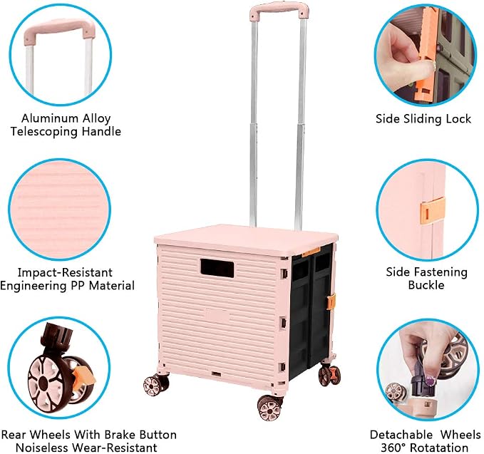 FELICON SELORSS Foldable Utility Cart Folding Portable Rolling Crate-Pink | Durable,Heavy Duty,Plastic Box,Telescoping Handle,4 Rotate Wheels,Collapsible Handcart for Travel Shop Move Luggage Office - Image 2