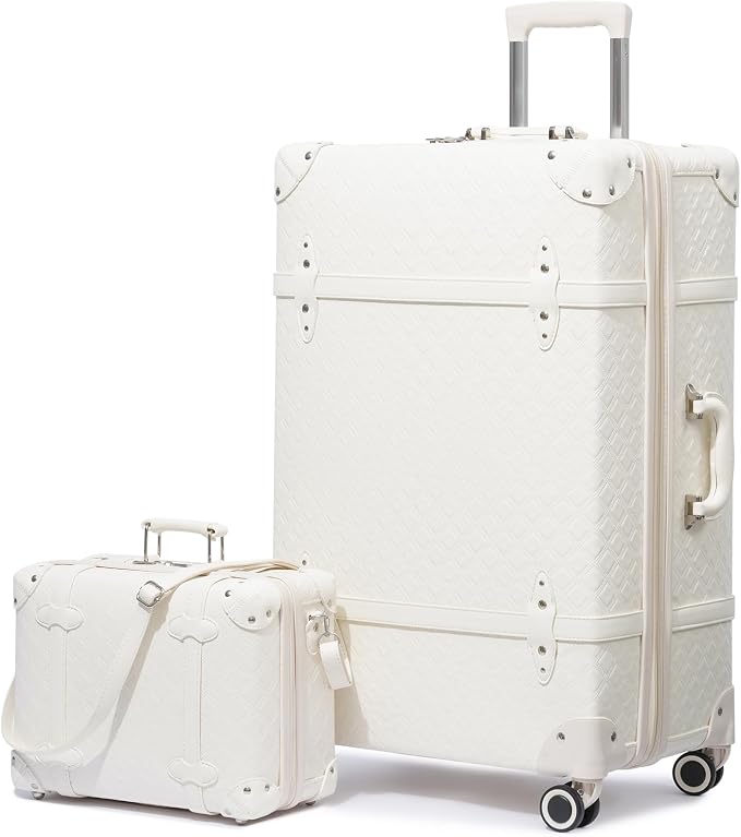 NZBZ Luggage Sets for Women, 2 Piece Retro Suitcase with Spinner Wheels and TSA Lock, Faux Leather Carry On and Checked Bag(14" 28" Pure White) by NZBZ